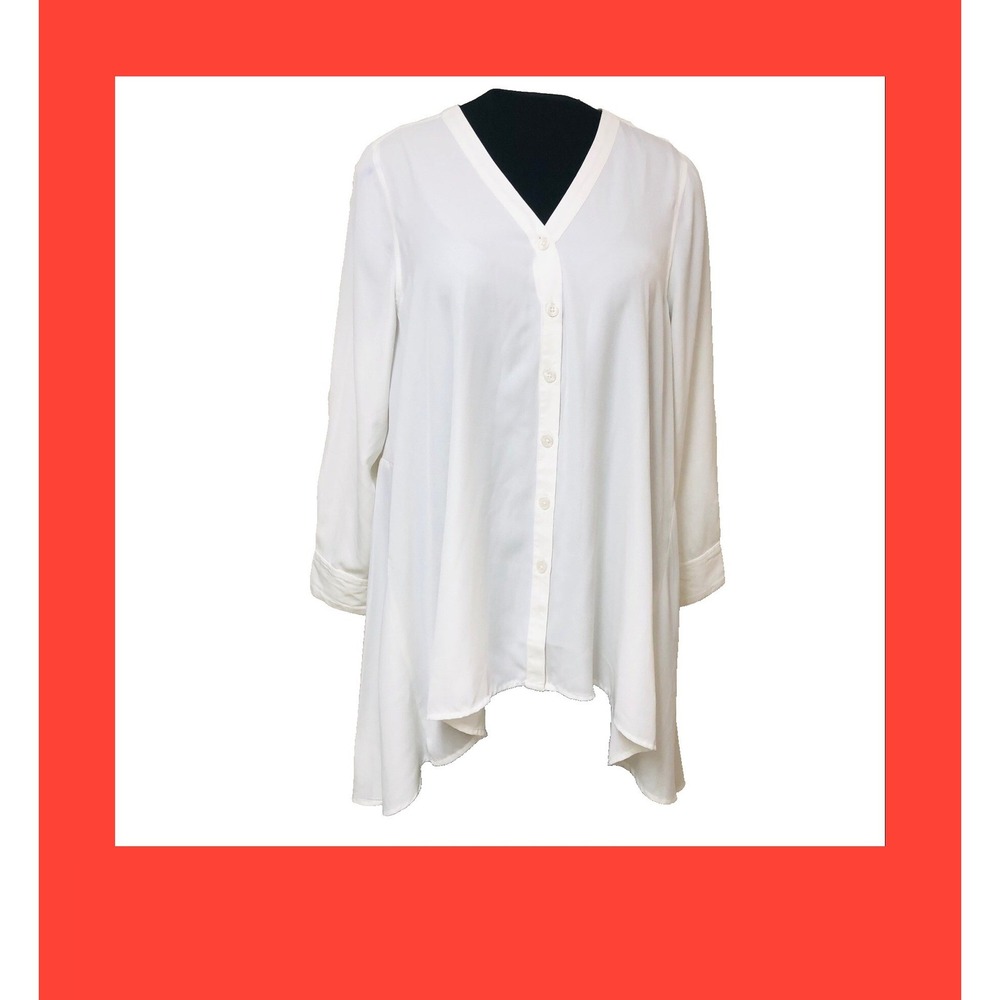 Jessica London Womens 20W 2X White Tunic Dress High Low V Neck Button Front